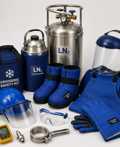Cryogenic safety equipment including face shield, cryogenic gloves, boots, goggles and LN2 containers