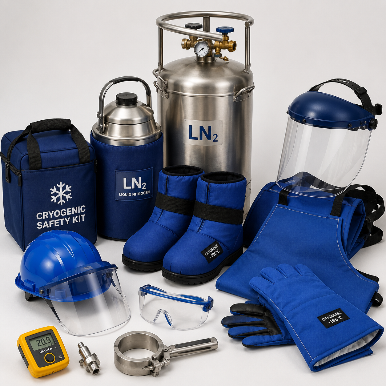 Cryogenic safety equipment including face shield, cryogenic gloves, boots, goggles and LN2 containers