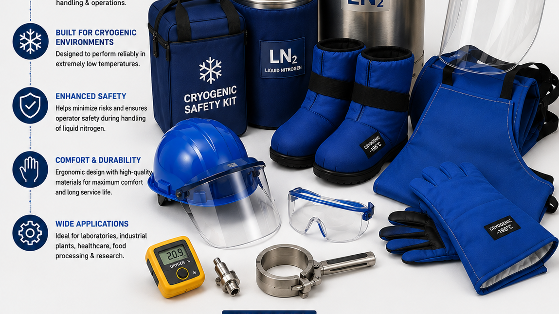 Cryogenic safety equipment infographic with protective gloves, face shield, boots and LN2 containers