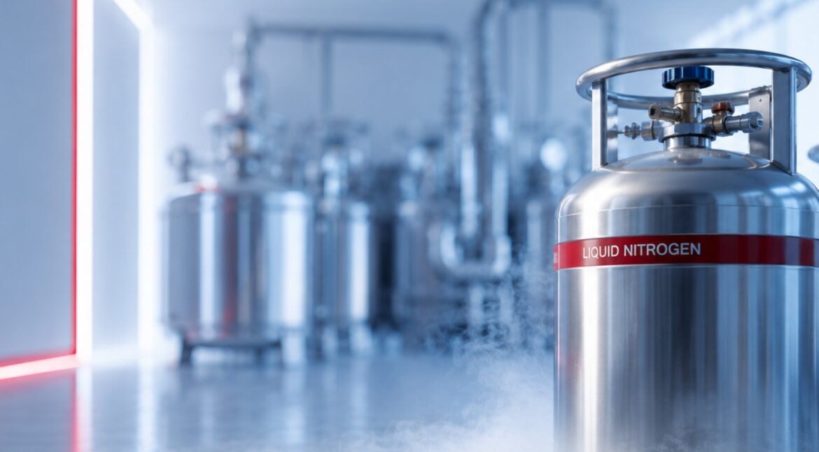 Stainless steel liquid nitrogen cylinders with cold vapour in an industrial facility